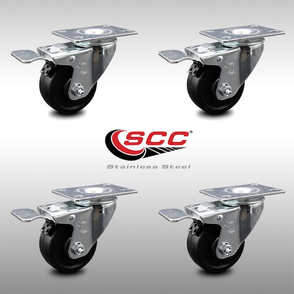 3.5 Inch SS Soft Rubber Wheel Swivel Top Plate Caster Set Total Lock Brake SCC